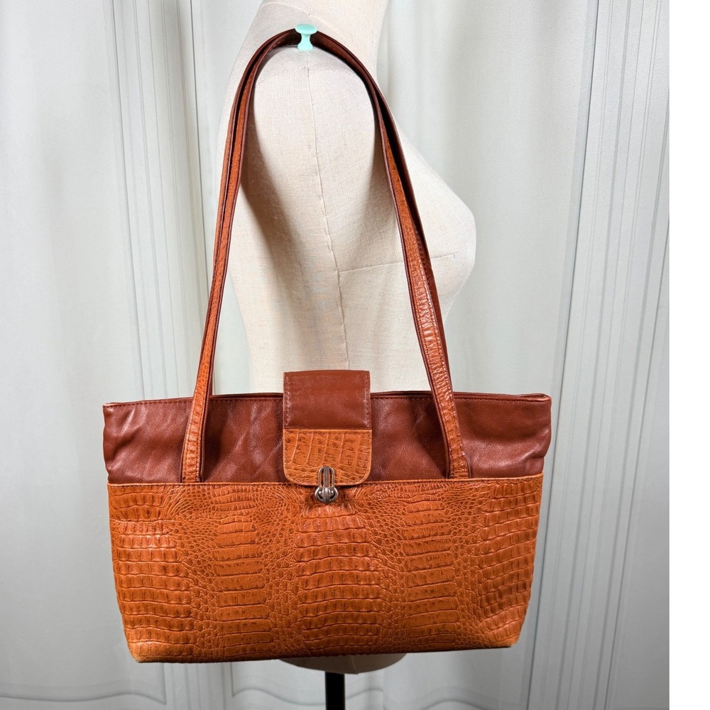 Vintage Toko Cognac Leather Shoulder Bag Croc Embossed Panel Tote
